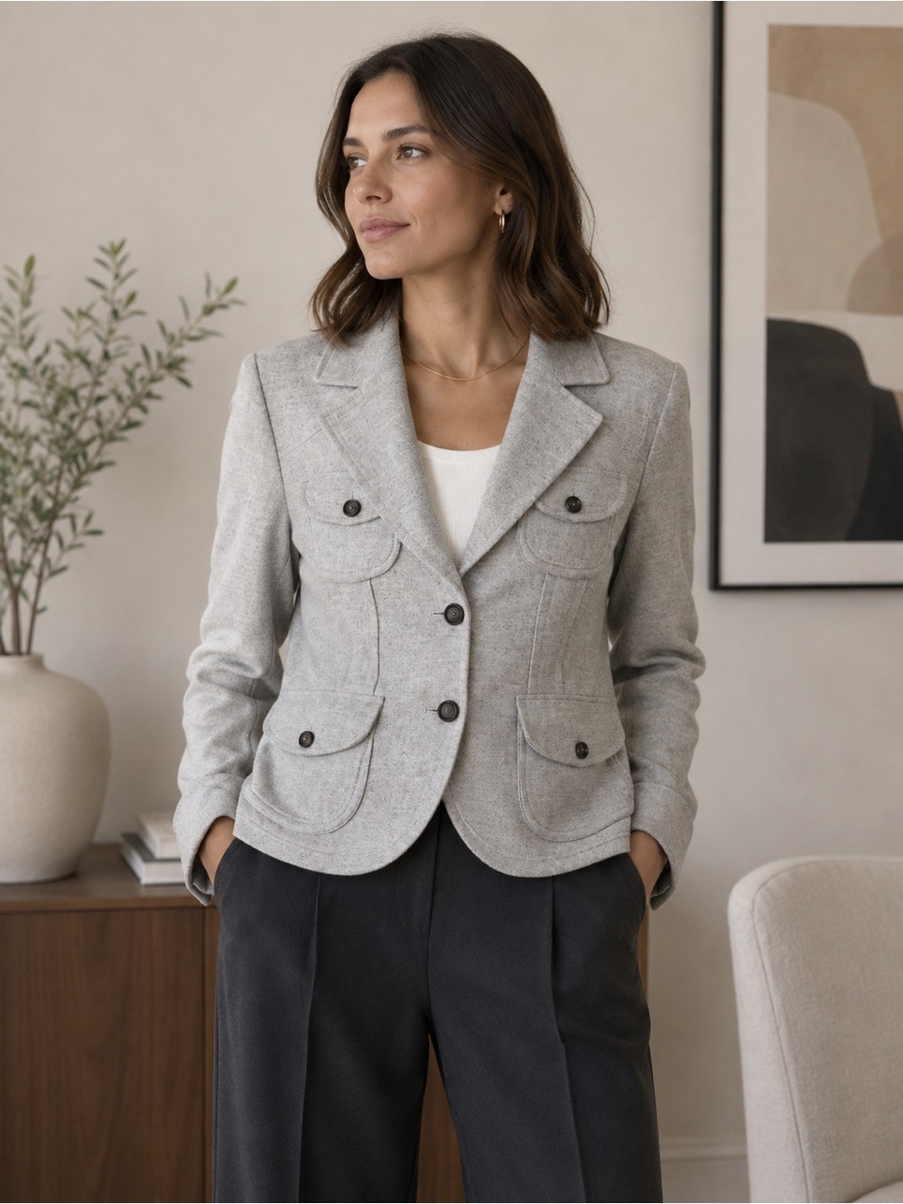 Banana Republic Light Gray Women's Wool Blazer Jacket Size L Neutral Minimalist